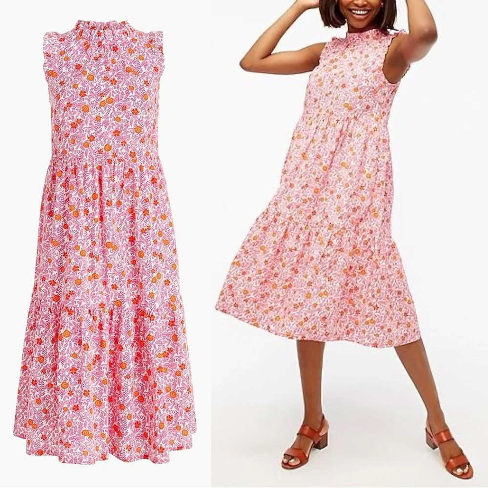 JCrew Floral Print Tiered Ruffle Sleeveless Pink Orange Cotton Dress Sz 0 - Picture 2 of 15